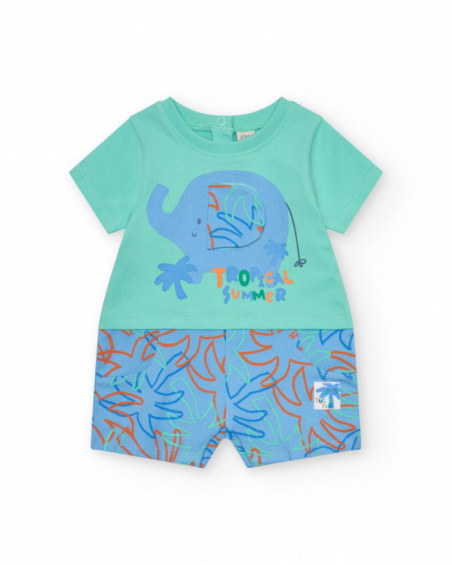 Green romper for boys with elephant and leaves print in blue, green, and orange tones