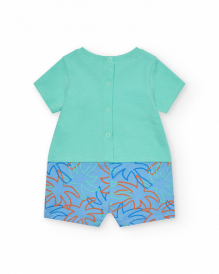 Green romper for boys with elephant and leaves print in blue, green, and orange tones