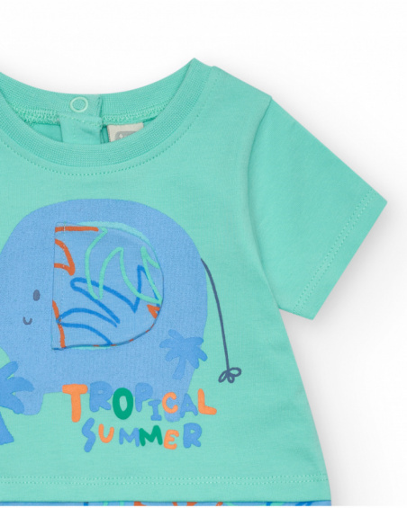 Green romper for boys with elephant and leaves print in blue, green, and orange tones