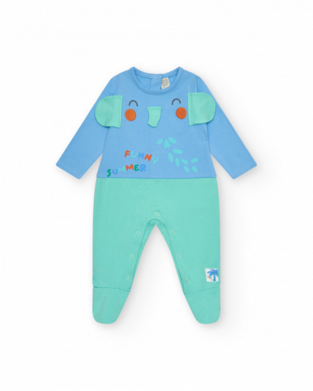 Blue and green romper for boys with elephant print and raised ears