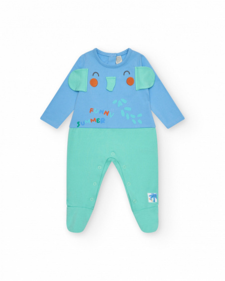 Blue and green romper for boys with elephant print and raised ears