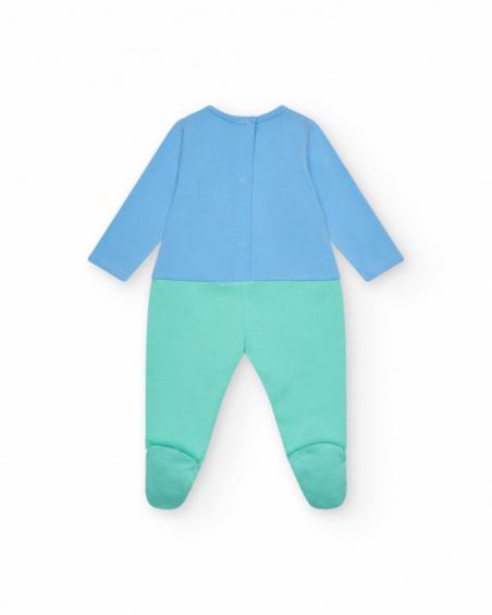 Blue and green romper for boys with elephant print and raised ears