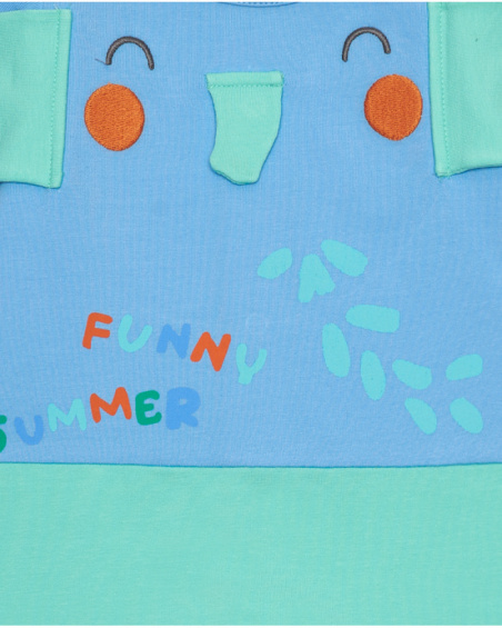 Blue and green romper for boys with elephant print and raised ears