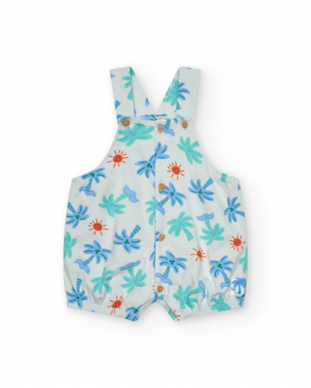 White romper for boys with palm tree and sun print, adjustable straps, and buttons