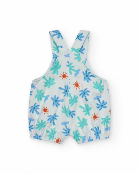White romper for boys with palm tree and sun print, adjustable straps, and buttons