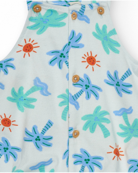 White romper for boys with palm tree and sun print, adjustable straps, and buttons