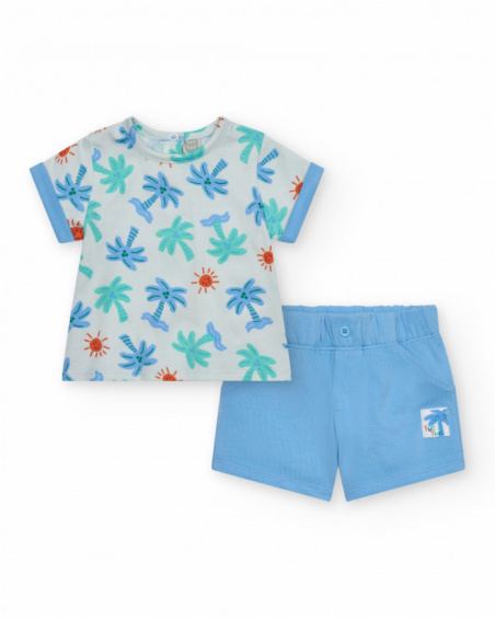 Boys' outfit with white palm tree and sun T-shirt and blue shorts