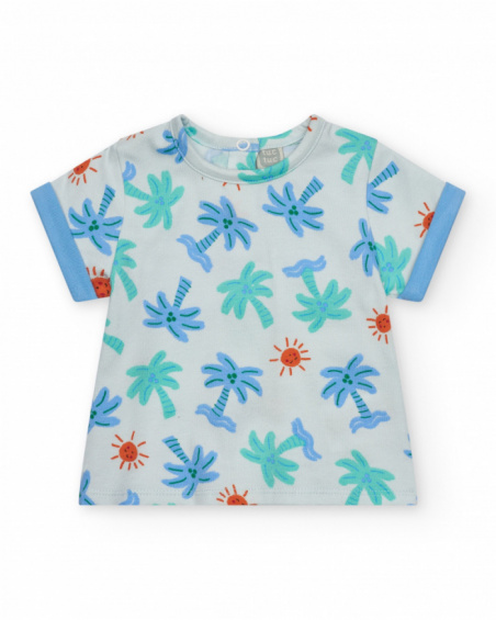 Boys' outfit with white palm tree and sun T-shirt and blue shorts