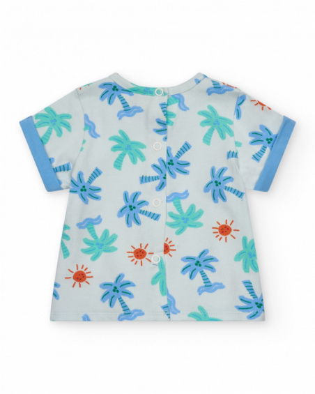 Boys' outfit with white palm tree and sun T-shirt and blue shorts