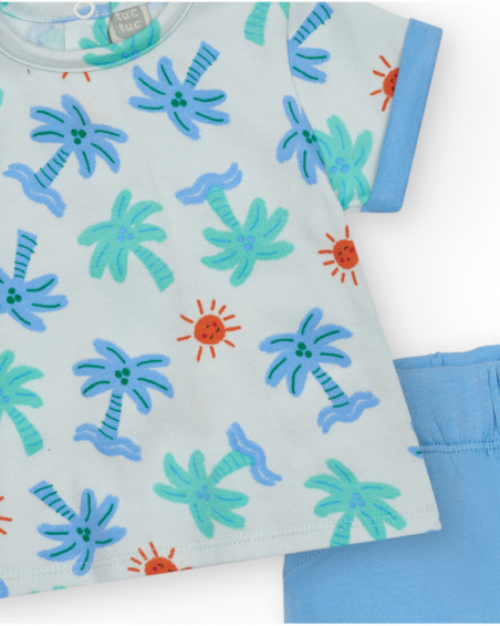 Boys' outfit with white palm tree and sun T-shirt and blue shorts