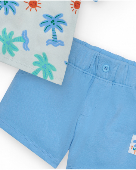 Boys' outfit with white palm tree and sun T-shirt and blue shorts