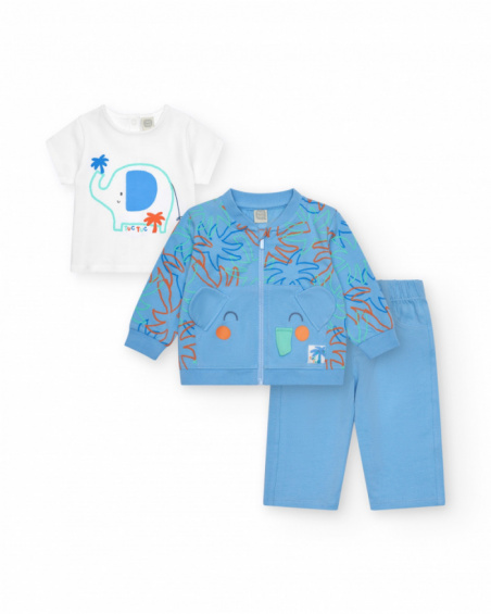 Boys' outfit with white elephant T-shirt, blue hooded jacket, and long blue pants