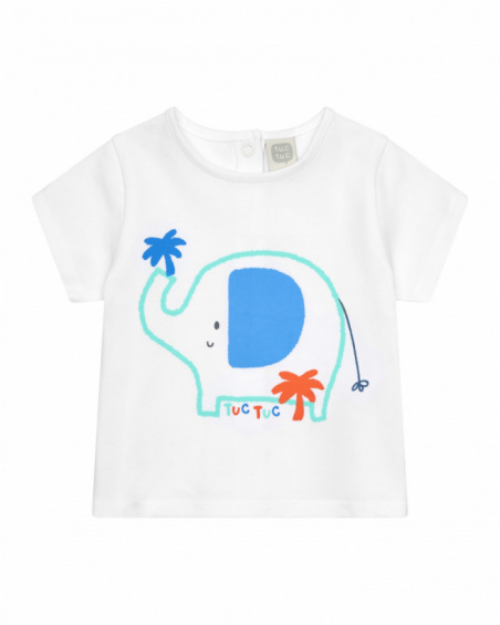 Boys' outfit with white elephant T-shirt, blue hooded jacket, and long blue pants