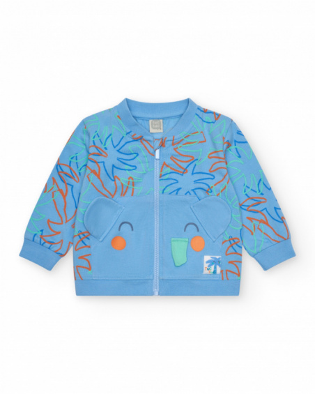 Boys' outfit with white elephant T-shirt, blue hooded jacket, and long blue pants