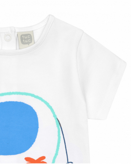 Boys' outfit with white elephant T-shirt, blue hooded jacket, and long blue pants