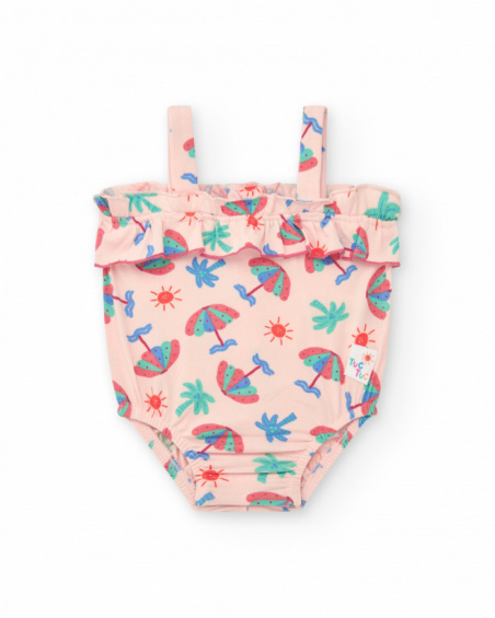 Pink bodysuit for girls with umbrella, palm tree, and sun print