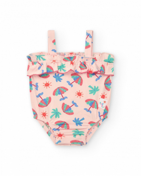 Pink bodysuit for girls with umbrella, palm tree, and sun print