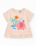 Cream and pink outfit for girls with elephant T-shirt, long pants, and jacket