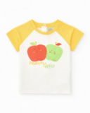 Boys' fleece outfit with apple T-shirt, green pants, and zip-up jacket