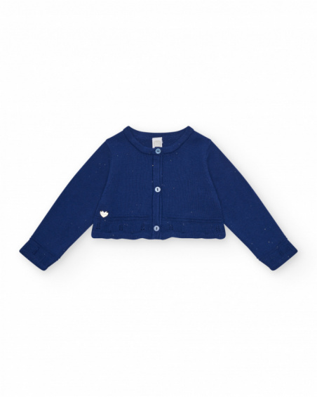 Chaqueta azul marino de tricot para niña con cuello redondo y