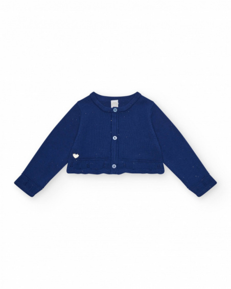 Chaqueta azul marino de tricot para niña con cuello redondo y