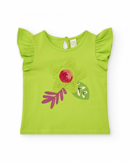 Green T-shirt for girls with ruffles and crochet flower