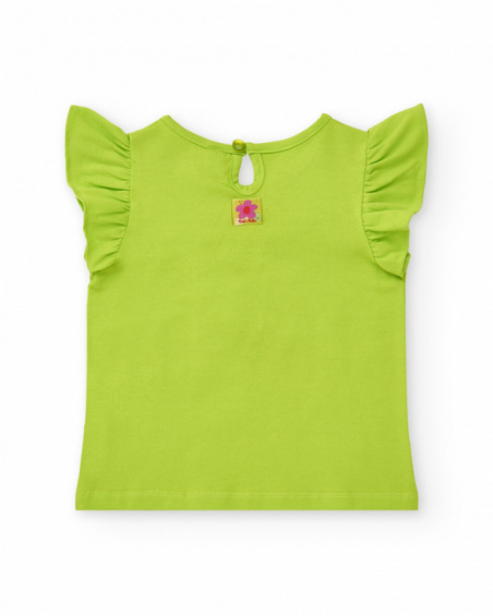 Green T-shirt for girls with ruffles and crochet flower