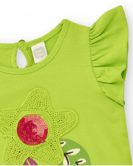Green T-shirt for girls with ruffles and crochet flower