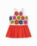 Red dress for girls with plain skirt and crochet floral bodice