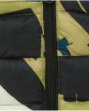 Green padded jacket for boys with dinosaur print and yellow lining