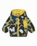 Green windbreaker for boys with dinosaur print and hood