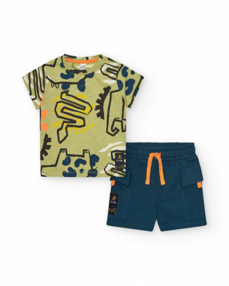 Green T-shirt for boys with dinosaurs and shoulder closure