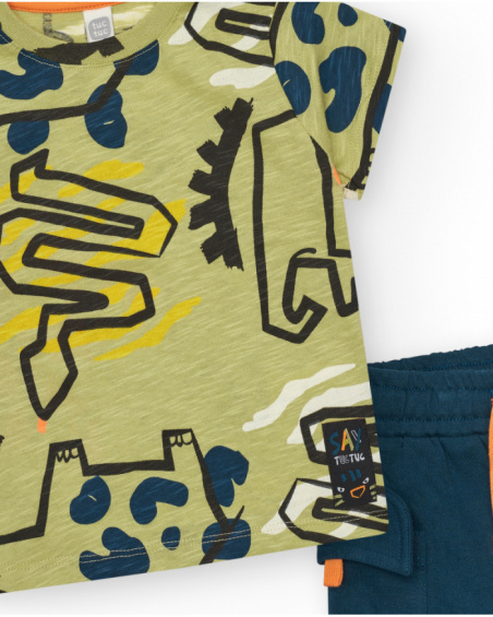 Green T-shirt for boys with dinosaurs and shoulder closure