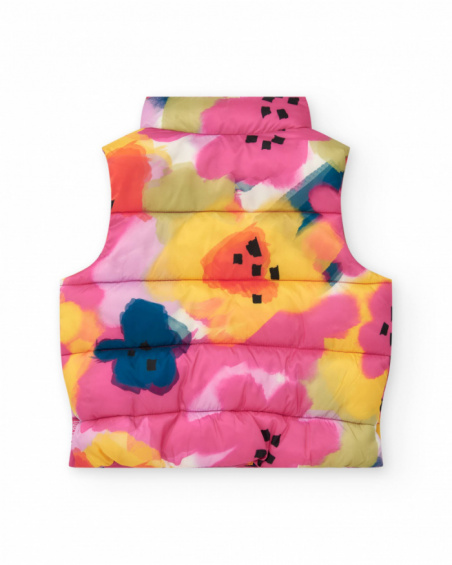 Padded vest for girls with floral print in pink, yellow, and blue