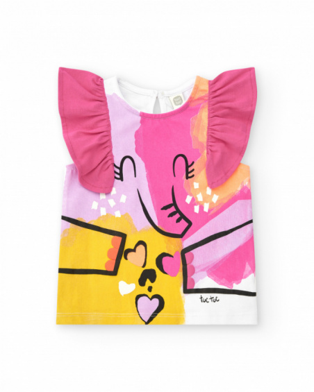 White T-shirt for girls with fuchsia ruffles on the shoulders
