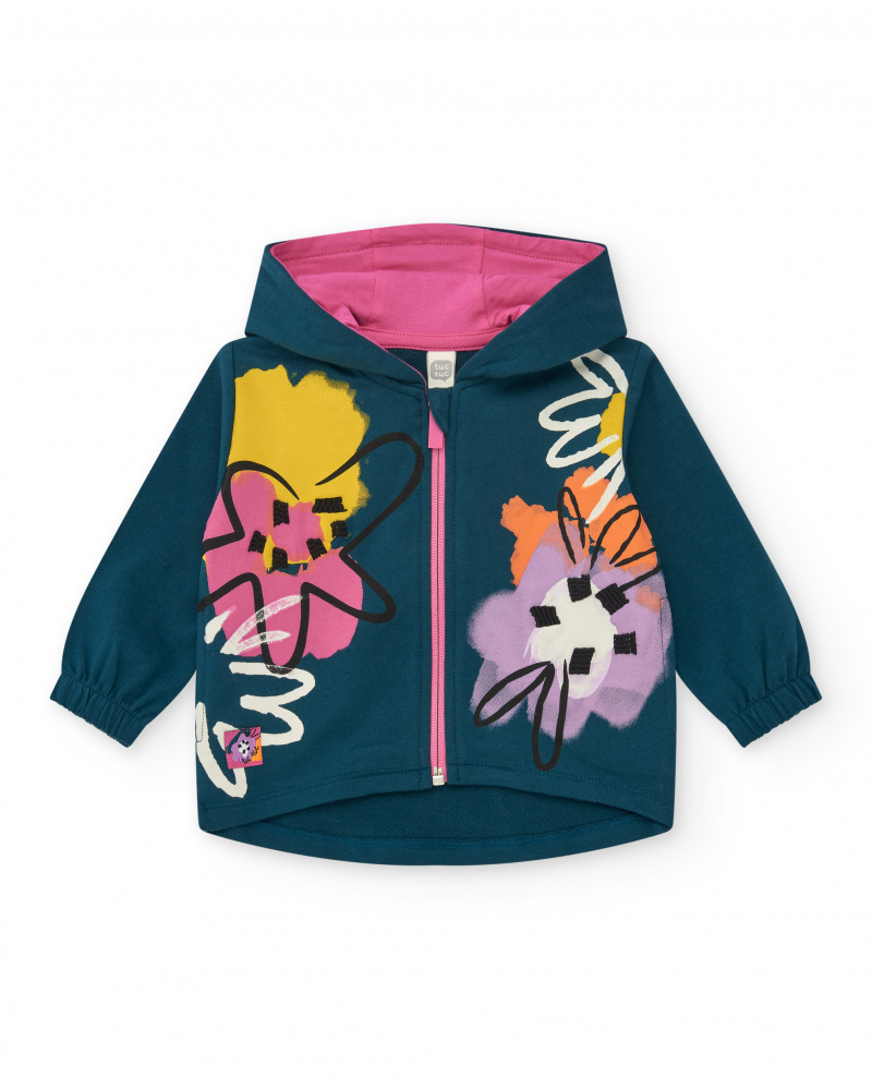 Blue fleece jacket for girls with pink zipper and colorful print