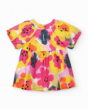 Lilac flat dress for girls with yellow and pink flowers and puffed sleeves