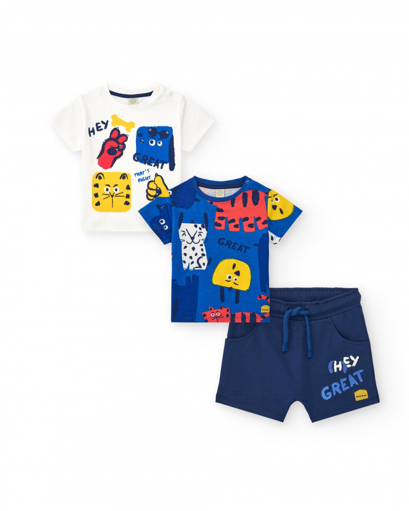 Boys' outfit with two T-shirts and blue shorts