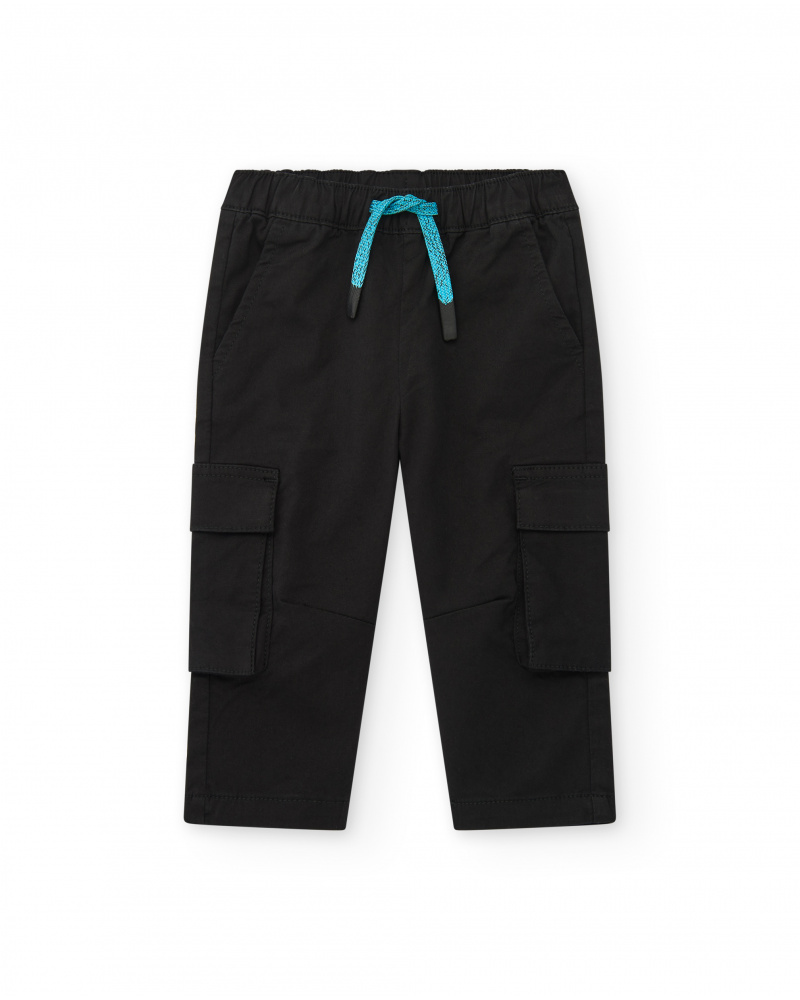 Black cargo pants for boys with pockets and blue drawstring