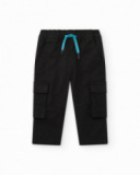 Black cargo pants for boys with pockets and blue drawstring