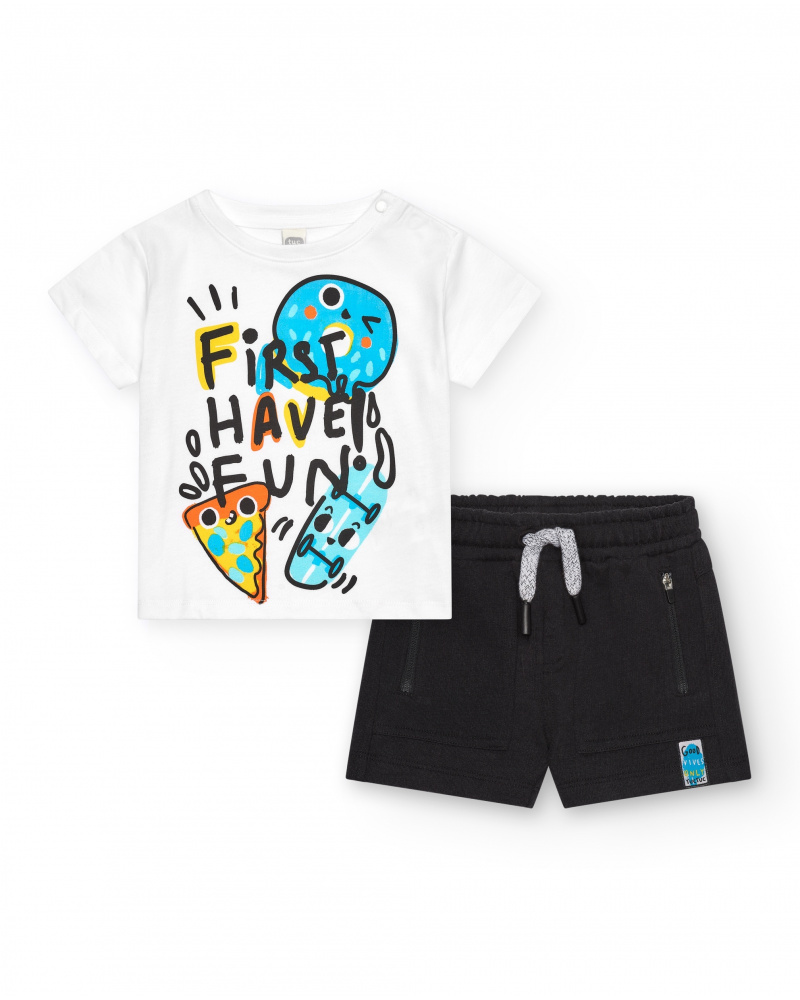 Boys' outfit with white T-shirt and black shorts