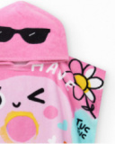 Pink poncho towel for girls with donut and glasses print