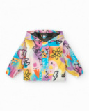 Pink windbreaker for girls with floral and lightning print