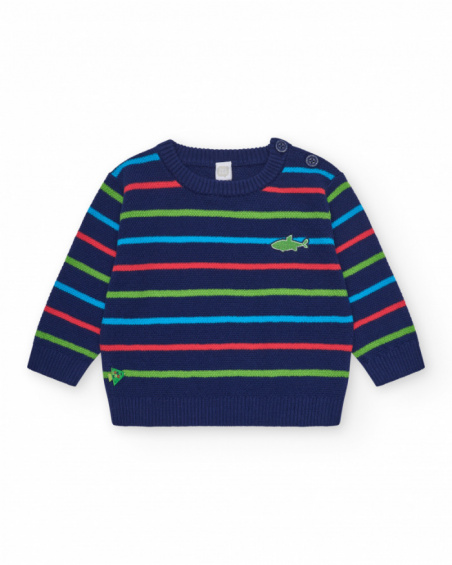 Navy blue sweater for boys with stripes and embroidered shark