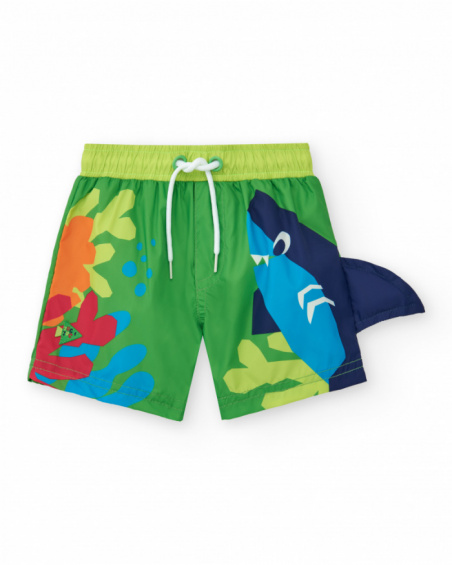 Green swim bermuda shorts for boys with shark and fin