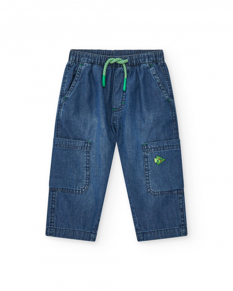Blue denim cargo pants for boys with green details
