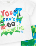 Boys' outfit with white T-shirt and tropical bermuda shorts