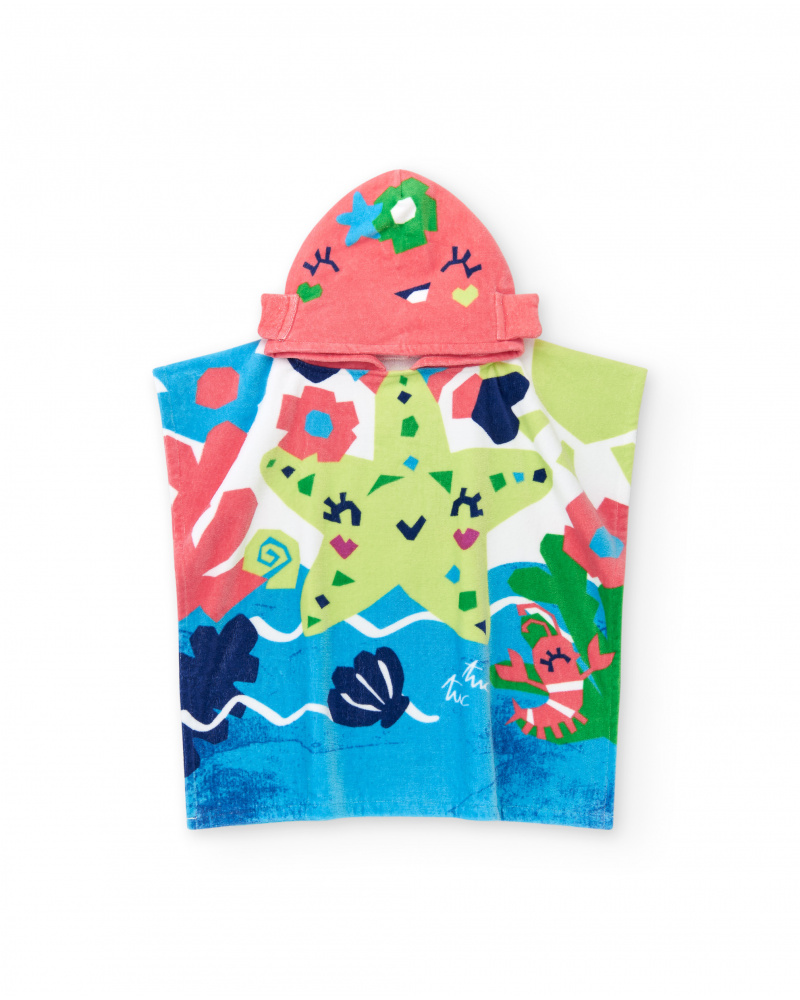 Poncho towel for boys with starfish and marine motifs