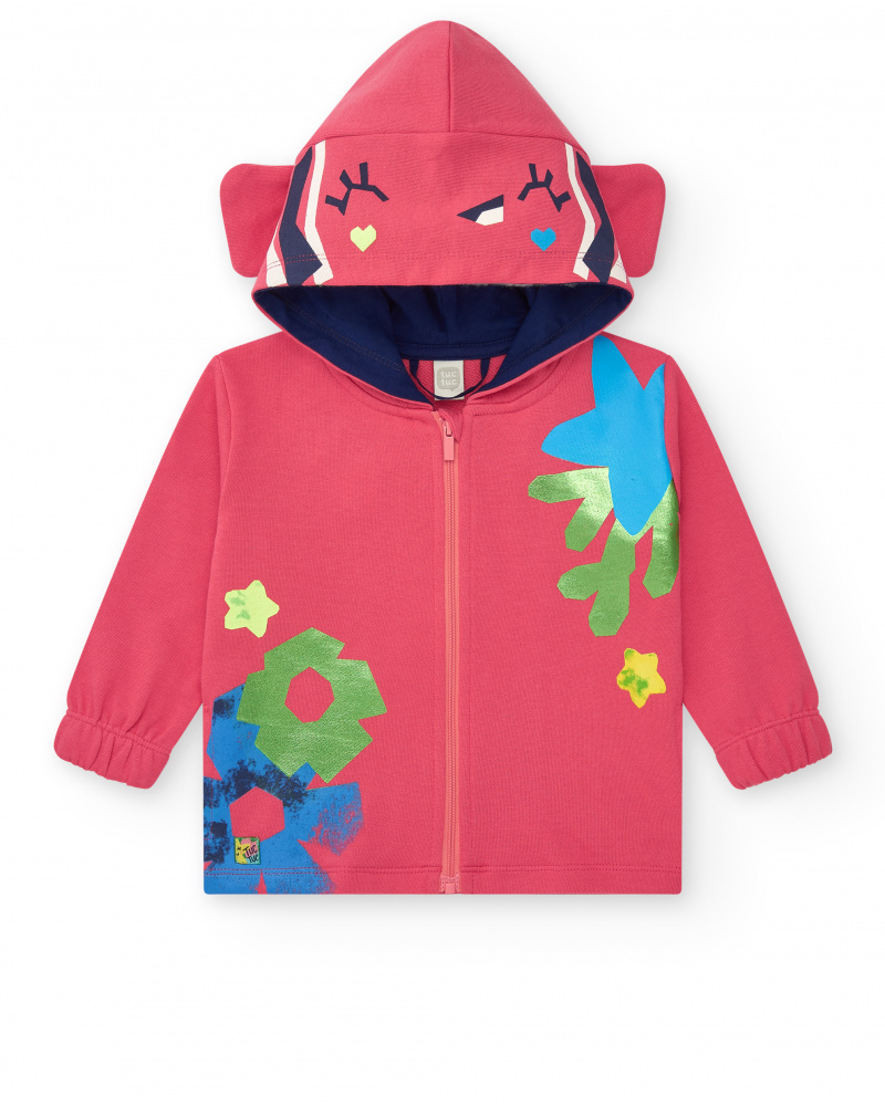 Pink jacket for girls with flowers and hood with decorative ears