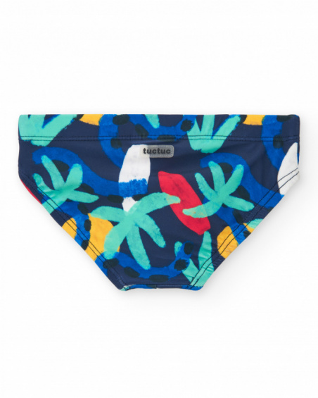 Blue swim briefs for boys with tropical print